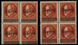 15 Pf. Bayern mit Aufdruck "Sarre", 2 postfrische Pracht-4er-Blocks ...